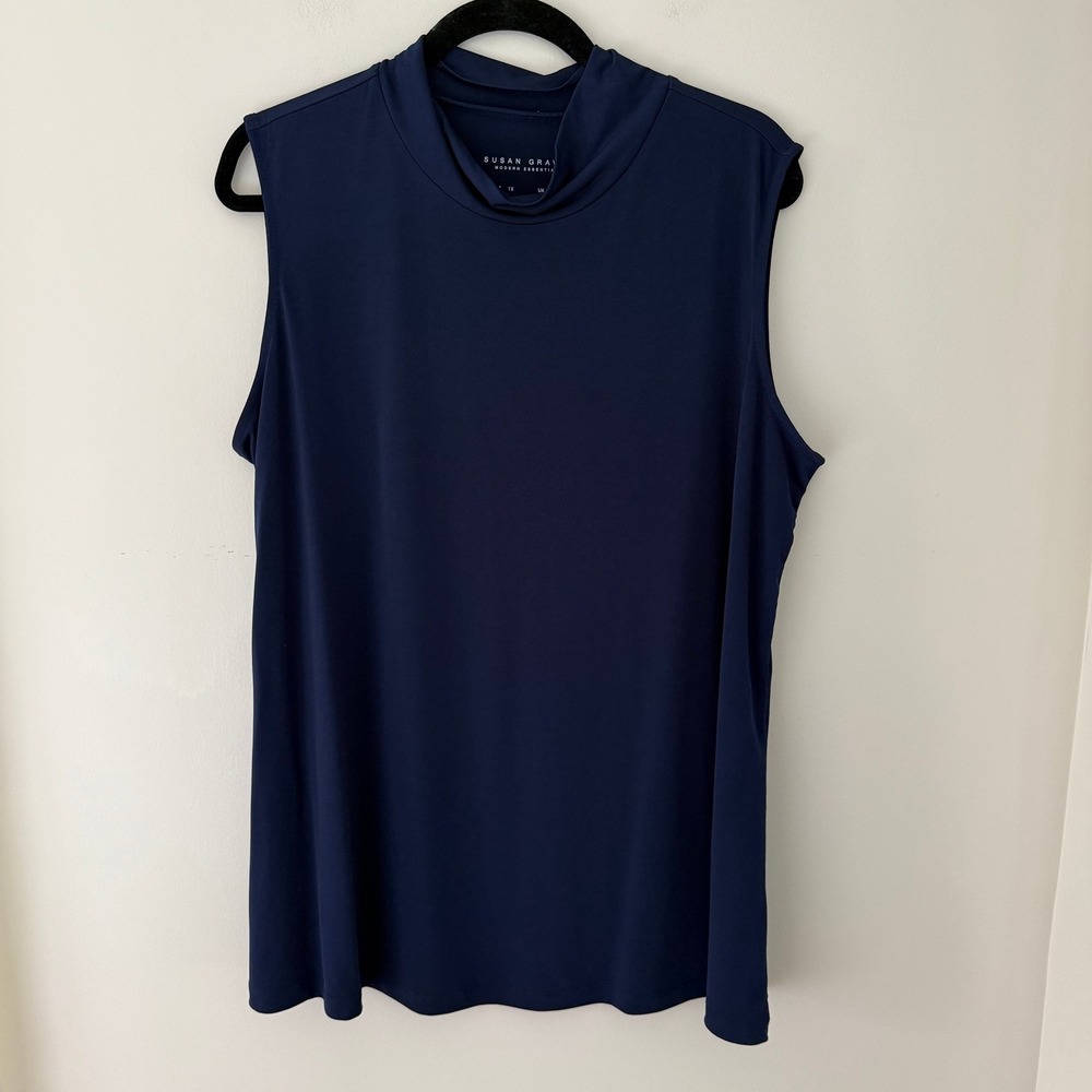 Susan Graver Modern Essentials Navy Blue Liquid Knit Mock Neck Tank Top 1X